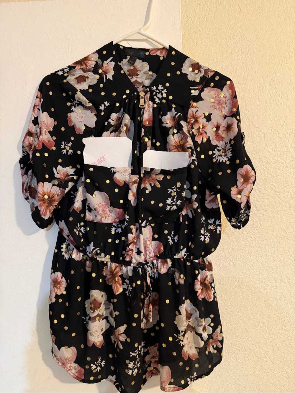 Black Floral Zip Romper shirt with Gold Dot Accents